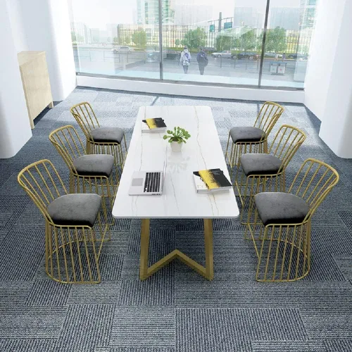 Vista 5 de Mesa rectangular de mármol con pedestal doble, mesa de comedor de dos colores con piedra sinterizada