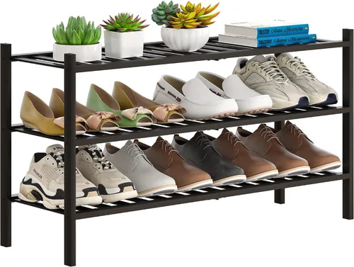 Vista 13 de Zapatero de bambú apilable para zapatos, organizador de almacenamiento para unidad, entrada, pasillo y armario, estante resistente independiente