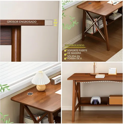 Vista 2 de NELYE Escritorio Extra Largo con Estantería - Mesa de Trabajo de Estudio de Oficina en Casa de Madera, Estación de Trabajo de Computadora de Roble