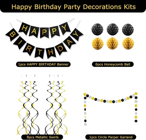 Vista 2 de Decoraciones de cumpleaños negras con pancarta de feliz cumpleaños, bolas de papel en forma de panal de abeja, guirnalda circular y decoraciones