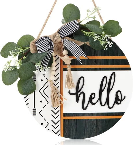Vista 11 de CHDITB Corona de Letrero de Puerta Frontal Boho Bless This Home (12"x12"), Decoración de Bienvenida 3D de Madera para Colgar en la Pared con Hojas