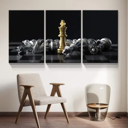 Vista 3 de Denozer - 3 paneles de arte de pared en lienzo blanco y negro - Cuadro de ajedrez internacional sobre lienzo con marco de madera maciza para sala