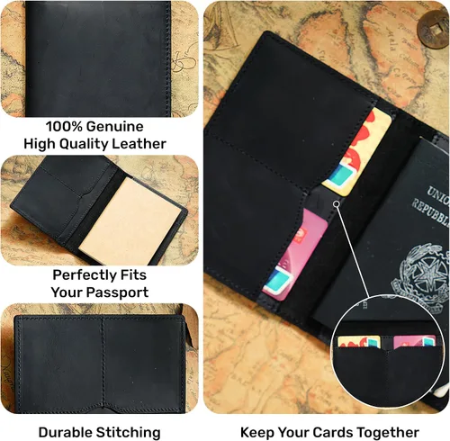 Vista 2 de HIFA Funda de cuero para pasaporte, funda para pasaporte hecha a mano con ranura para tarjetas y boletos, piel auténtica, diseño elegante, fácil