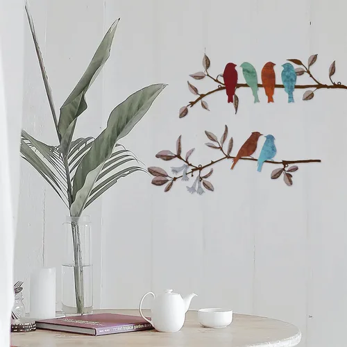 Vista 3 de HomeSoGood 2 piezas de arte de pared de pájaros de metal, decoración de pared de pájaros en rama, hojas colgantes con escultura de pájaros, pájaros