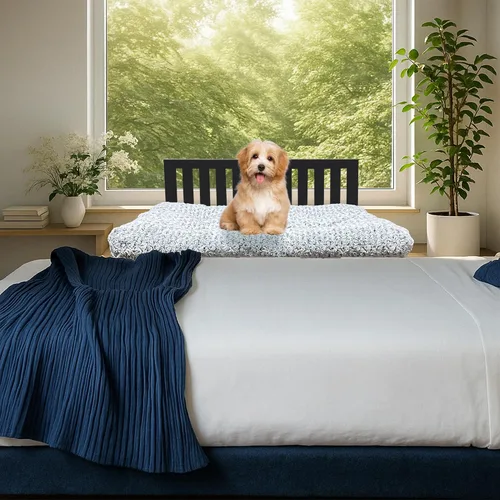 Vista 7 de Junto a la cama para perro, literas para perros de altura ajustable, marco de cama de metal para perros de 25 x 17 pulgadas con cojín (mediano)