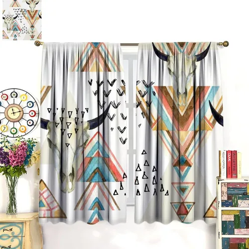 Vista 90 de Cortinas con patrón geométrico tribal, estilo suroeste, azteca, rústico, occidental, nativo americano, opacas, con bolsillo para barra, decoración