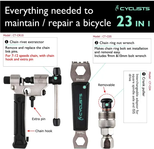 Vista 3 de Kit de 23 piezas de herramientas para bicicleta - Juego de herramientas de reparación de bicicletas compatible - Juego de herramientas