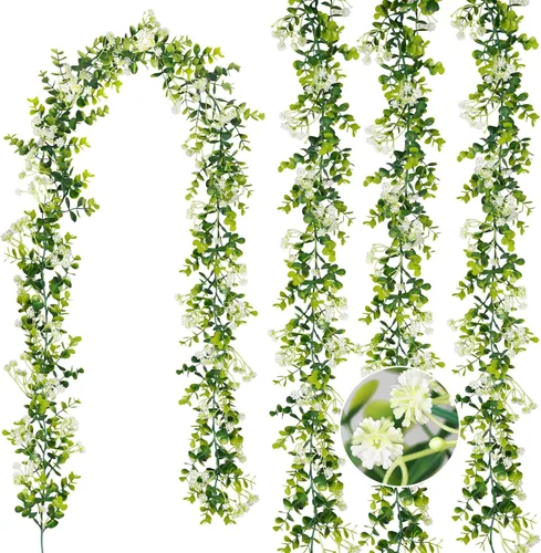 Vista 11 de Guirnalda de eucalipto con flores de 6 pies, paquete de 2 guirnaldas artificiales de eucalipto colgantes de verano adecuadas para mesa, boda, telón