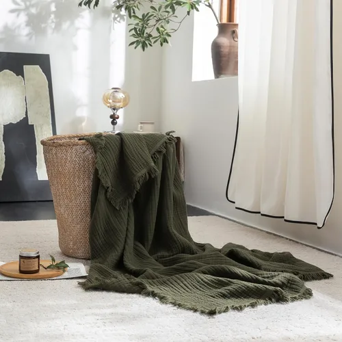 Vista 33 de FOSSA Manta de Muselina con Flecos - Gasa de Algodón 100% de 4 Capas Súper Suave y Transpirable - Manta Decorativa Ligera y Refrescante para Cama