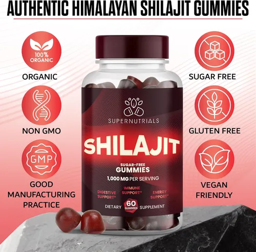 Vista 5 de Paquete de 2 gomitas Shilajit del Himalaya, 1000 mg cada una, 60 gomitas veganas sin azúcar por botella, orgánicas, sin OMG, energía, enfoque