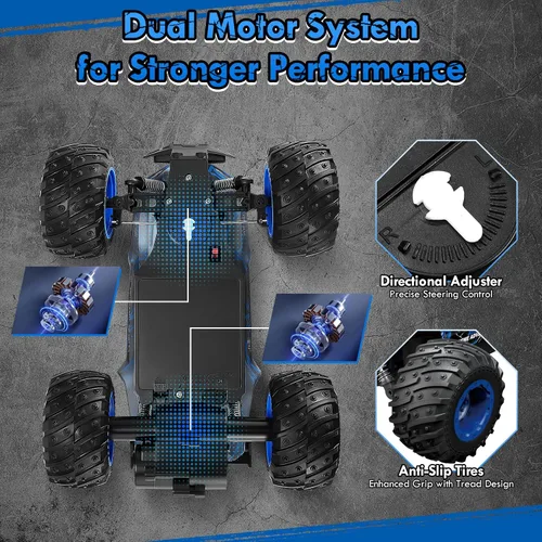 Vista 5 de Coche de control remoto, recargable 1:18 Rc, camión a control remoto todo terreno Azul