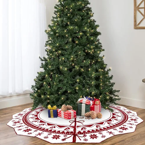 Vista 3 de OurWarm Falda de árbol de Navidad de 60 pulgadas, falda de árbol de punto rojo con patrón de flor de pascua, falda rústica de doble cara para árbol