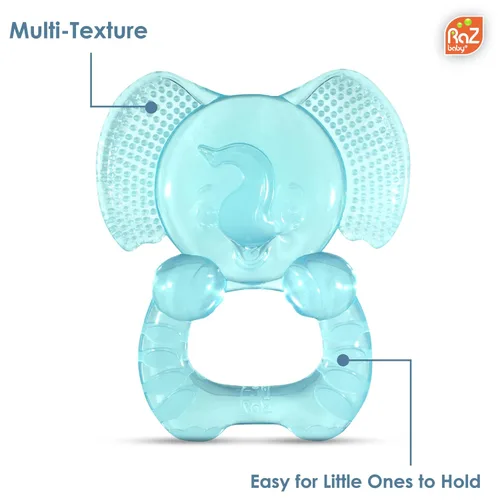 Vista 4 de RaZbaby Elfy-Yummy - Juguete para aliviar la dentición, diseño de elefante, silicona de grado médico con cerdas ultra suaves para calmar