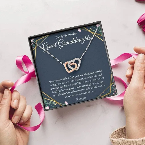 Vista 7 de Joyería con tarjeta de mensaje, collar hecho a mano, regalo personalizado, corazones entrelazados, regalo para bisnieta de bisabuelobisabuelo