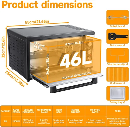 Vista 2 de Horno tostador de convección grande de 46L, horno de encimera de cocina 9 en 1 con tostado crujiente, deshidratar, asador, incluye 6 accesorios