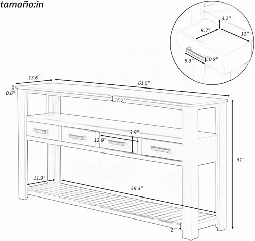 Vista 2 de Moderna mesa consola de 62.2 pulgadas, mesa de sofá con 4 cajones y 2 estantes, adecuada para entrada, pasillo, sala de estar, dormitorio