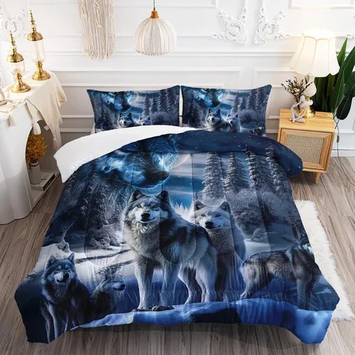Vista 18 de AILONEN Juego de edredón con cabeza de lobo impresa tamaño individual, juego de ropa de cama de lobo para la noche para niños y hombres, juego
