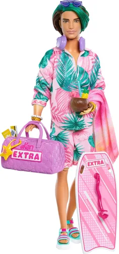 Vista 7 de Muñeca Barbie Extra Fly con ropa y accesorios de viaje con temática de playa, cubretodo tropical con sombrero y bolso de gran