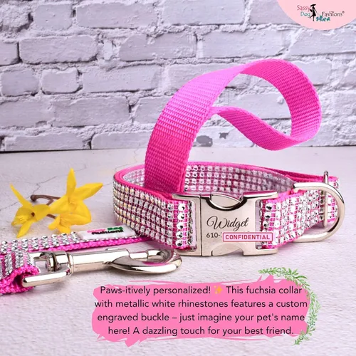 Vista 8 de Collar de perro con diamantes de imitación personalizable, hebilla grabada y opciones de correa, hecho en Estados Unidos, collares brillantes