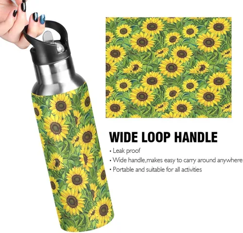 Vista 4 de Botella de agua aislada de 32 onzas, botellas de agua a prueba de fugas para gimnasio, viajes al aire libre, escuela, girasoles hojas verdes