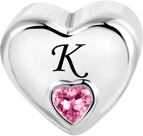 Vista 2 de KunBead Dijes de cuentas con letras iniciales de la A a la Z con forma de corazón rosa, compatibles con pulseras Pandora para mujer