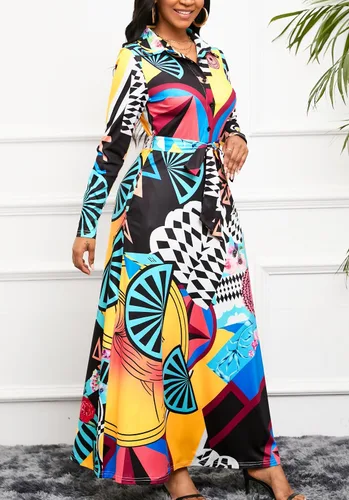 Vista 2 de Vestido maxi con estampado de manga larga con botones y cinturón para mujer