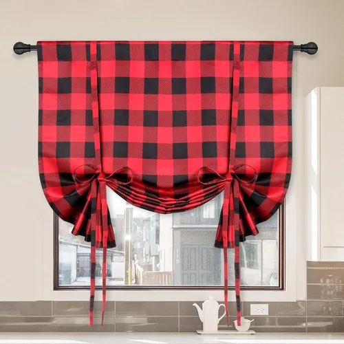 Vista 11 de Simple Deluxe 2 cortinas de cocina a cuadros de búfalo, cortinas cortas a cuadros para ventanas de media cafetería, 26 pulgadas de ancho x 36 Negro