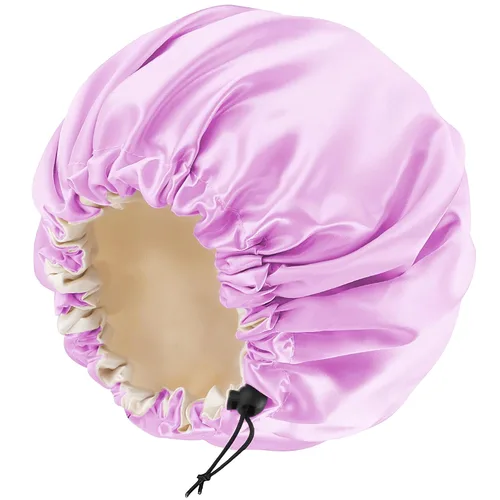 Vista 11 de Gorro de seda de satén para cabello rizado, gorro trenzado para dormir, para mujer, grande, doble capa ajustable (2 unidades, negro) Double Layer