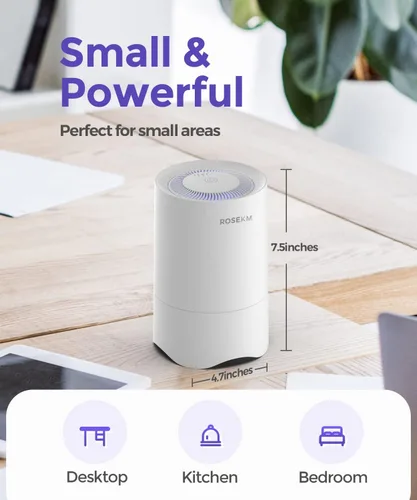 Vista 3 de Rosekm Purificador de aire pequeño con filtro de repuesto de paquete de 1 año, mini purificador de aire HEPA de escritorio personal, limpiador