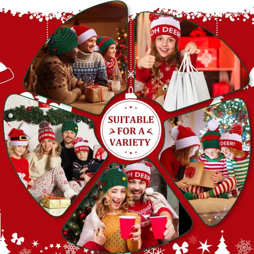 Vista 6 de Juego de 6 gorros de punto de Navidad de Papá Noel rojo y verde para fiestas, adultos, adolescentes, niños, gorro de Navidad, 12 x 8 pulgadas