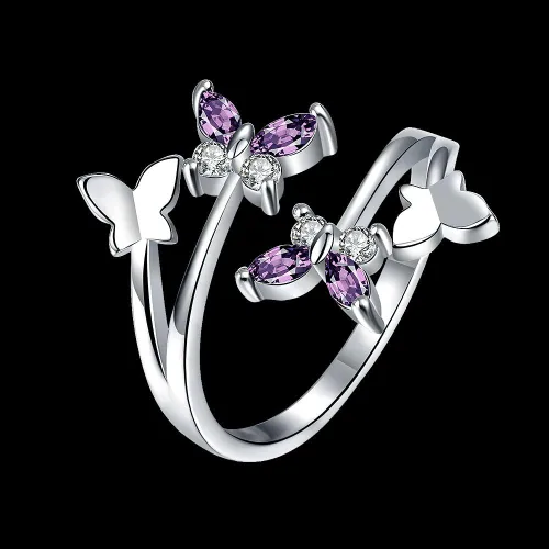 Vista 3 de MAIHAO Women's Adjustable Size 925 Sterling Silver Butterfly White Birthstone CZ Butterfly Shape Purple Austrian Crystals Rings