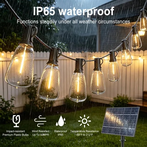 Vista 4 de Achin 50FT Solar String Lights Outdoor with 32 LED Bulbs 1.5FT Bulbs Spacing,Patio String Lights Whith Remote, IP65 Waterproof, 3600mAm Battery