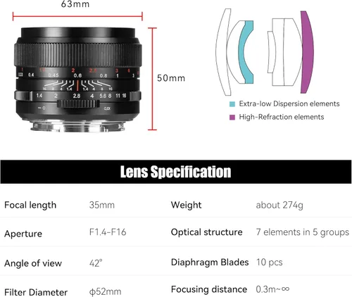 Vista 6 de 7artisans 35mm F1.4 Mark Ⅲ Lente Prime de Enfoque Manual de Marco Completo de Gran Apertura Compatible con Cámara Sin Espejo de Montura L (Negro)