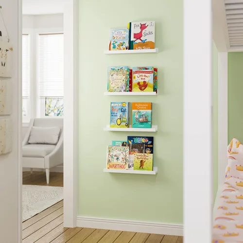 Vista 5 de Wallniture Denver Estantes flotantes para decoración de habitación de niños, estantería de pared blanca de 17 pulgadas para marcos de fotos