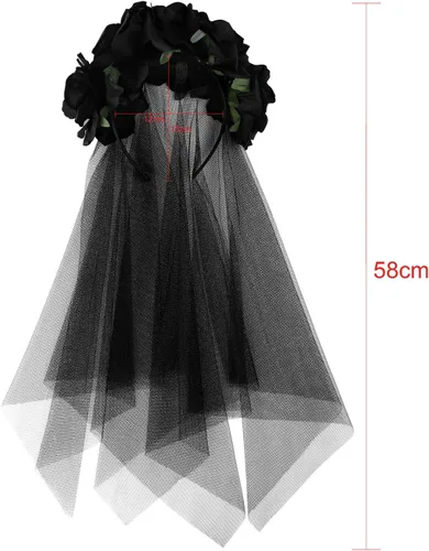 Vista 5 de HAOZAIKEJI Halloween Fantasma Novia Velo Floral Corona Tocado Muerto Zombie Headwear Bruja Negro Encaje Corona Fiesta Fantasía