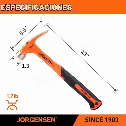 Vista 2 de JORGENSEN Martillo de garra forjado de una sola pieza de 16 oz con soporte magnético para clavos Magnetic Nail Holder, Rip Claw Hammer, Milled