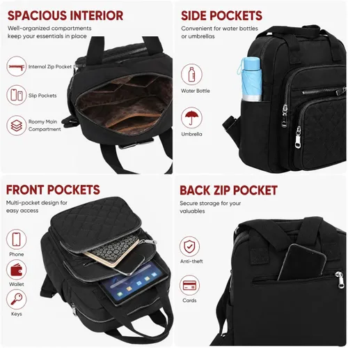Vista 3 de Mochila pequeña para mujer, casual, acolchada, cuadrada, impermeable, con múltiples bolsillos, ligera, asa superior, Negro, Pequeño, Mochilas