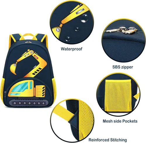 Vista 4 de BTOOP Mochila para niños pequeños, impermeable, 3D, linda mochila para niños, preescolar, guardería, guardería, escuela primaria, Camión