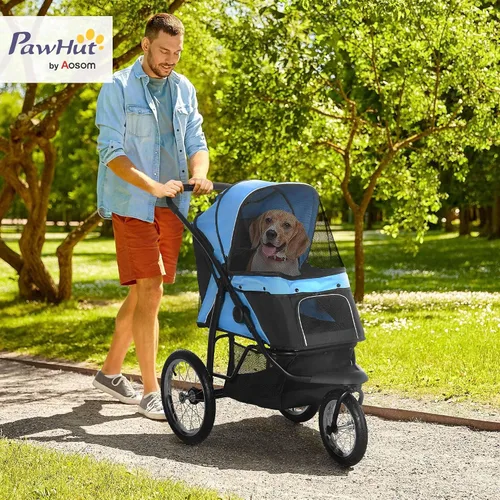 Vista 2 de PawHut Cochecito para mascotas de 3 ruedas, cochecito plegable para perros con toldo ajustable, correa de seguridad, cojín, cesta de almacenamiento