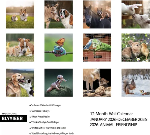 Vista 2 de Calendario de pared 2026, calendario 2026, calendario mensual de pared de amistad con animales, 12 x 24 pulgadas abierto, calendario planificador