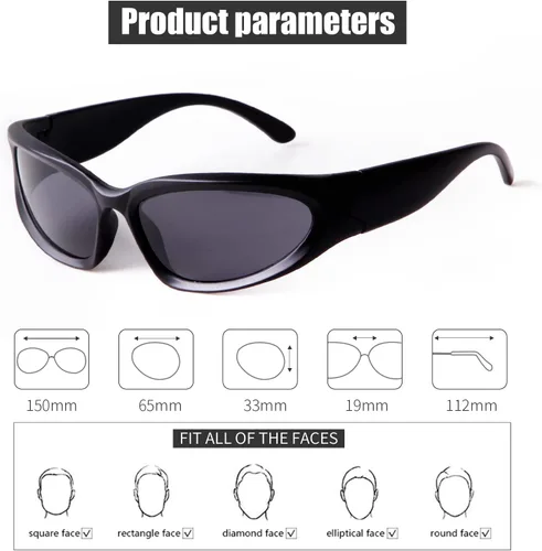 Vista 5 de SORVINO Gafas de sol de moda envolventes para hombres y mujeres, gafas de sol ovaladas deportivas de moda, gafas futuristas, Negro + Plateado
