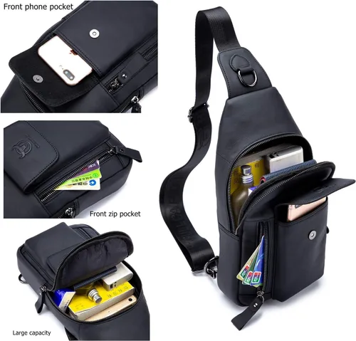 Vista 4 de BULLCAPTAIN Bolso bandolera de cuero genuino para hombre, bolsa cruzada de viaje, bolsa de pecho de gran capacidad, casual, mochila de senderismo