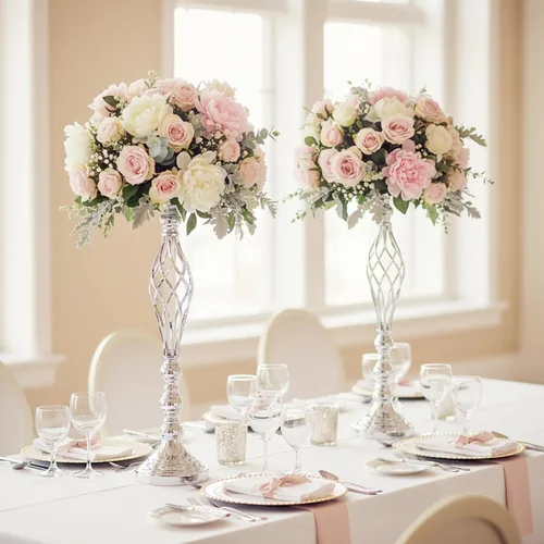 Vista 39 de 2 piezas de centros de mesa de boda para mesas de recepción, soportes de velas retorcidas, adornos, centros de mesa de metal con jarrón de flores