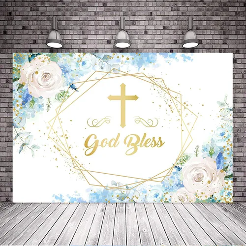 Vista 4 de Avezano Telón de fondo azul con texto en inglés "Boy God Bles", fondo floral azul para baby shower, para primera comunión, decoración de baby shower