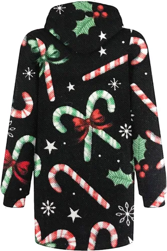 Vista 4 de Sudadera larga con capucha de Navidad para mujer, manga larga, estampado de copos de nieve, vestido de Navidad
