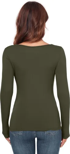 Vista 6 de AUHEGN - Camiseta de manga larga para mujer, cuello en halter, ajuste slim, blusa térmica de capas básicas Verde militar