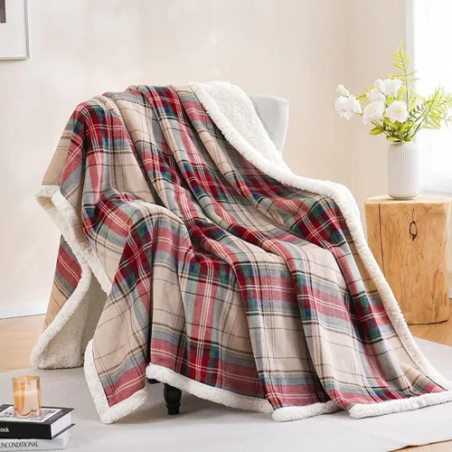 Vista 17 de PU MEI Manta Sherpa Individual a Cuadros Gruesa para Cama, 60"*80" Franela Súper Suave Difusa Forro Polar Reversible Terciopelo Afelpado Manta