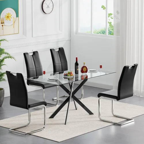 Vista 6 de SSLine Mesa de comedor moderna de cristal, rectangular de 51 pulgadas, color negro con patas de metal diseñadas en X para cocina y comedor