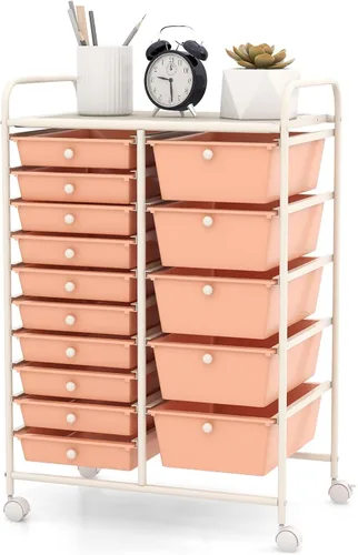 Vista 21 de DREAMADE Carrito de almacenamiento con ruedas de 15 cajones, carrito de manualidades móvil con ruedas con cerradura, cajones de plástico extraíbles