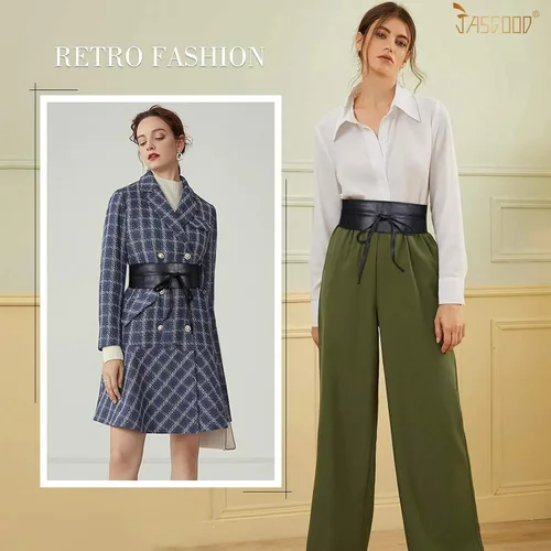 Vista 4 de JASGOOD Cinturón Obi de piel sintética para mujer, cinturón de cintura retro ancho para vestido